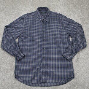 Canali Shirt Mens Medium Blue‎ & White Checkered 100% Cotton Long Sleeve Button